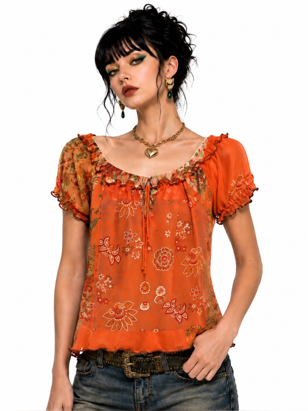 VTG Y2K Wet Seal Orange Sheer Floral Fairy Boho Mesh Top M